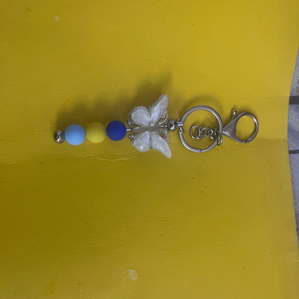 Butterfly Keychain with Blue and Yellow Beads